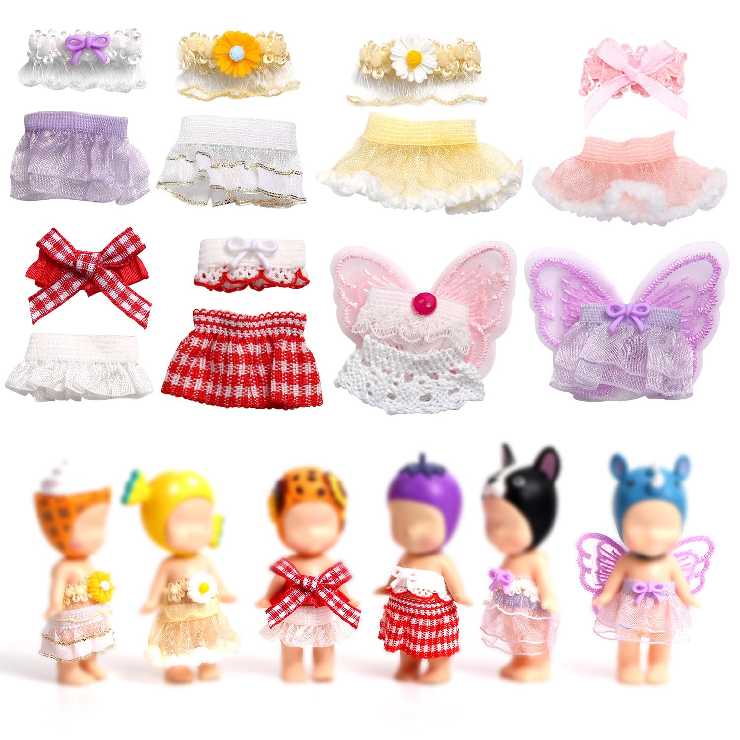 Goktvai 8 Sets 3 Inch Doll Outfits for Sonny Angel, Adult Collector Clothes with Tops & Skirts Doll Accessories for Decoration and Display (Pink, Purple, Yellow, Red)