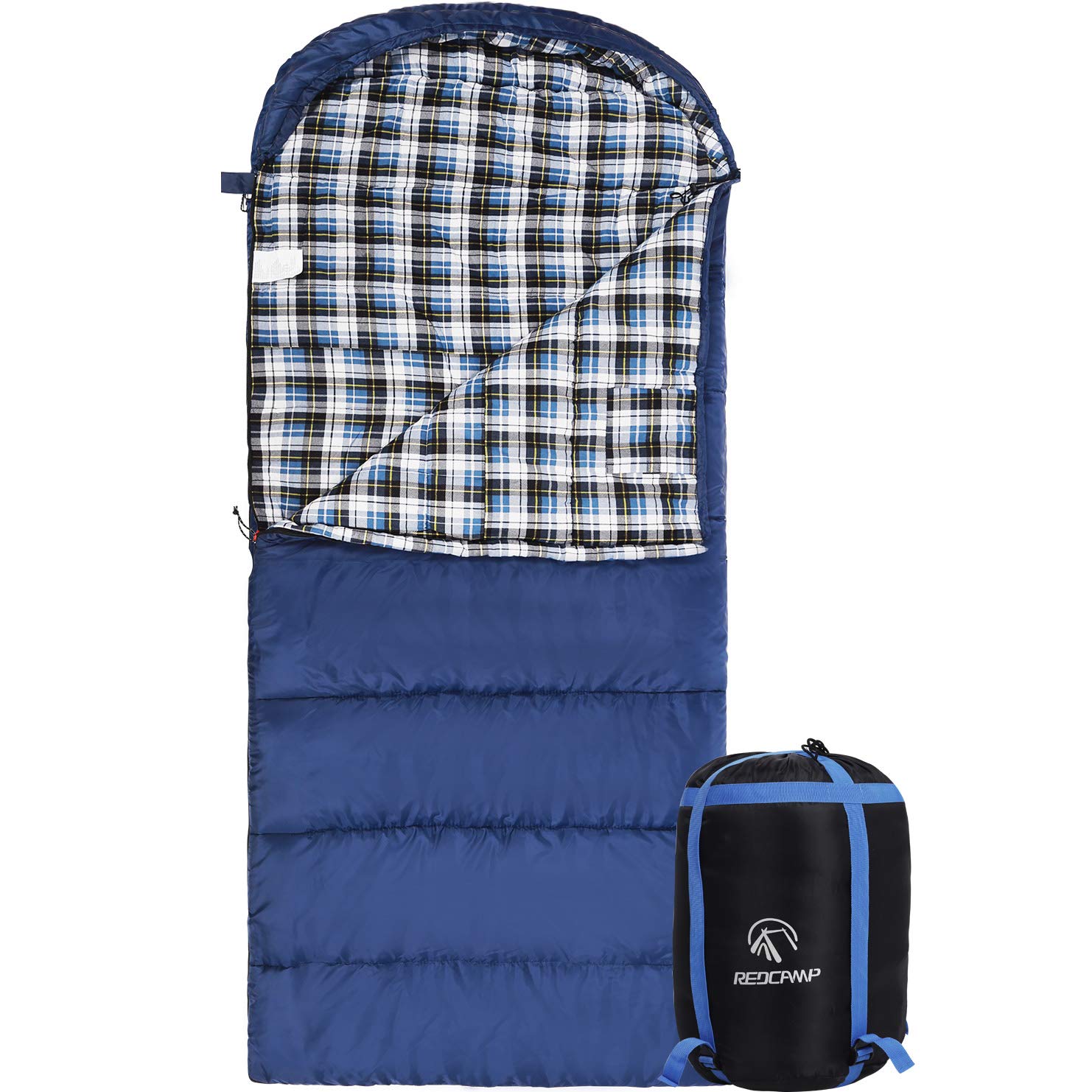 REDCAMP Cotton Flannel Sleeping Bag for Adults, 23/32F Comfortable, Envelope with Compression Sack Blue/Grey 2/3/4lbs (91"x35")