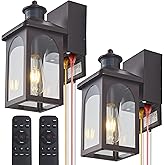 YJXGDIL Porch Light with GFCI Outlet: 2 Pack Motion Sensor Porch Lights Outdoor with Remote Control Dusk to Dawn Exterior Lig