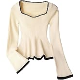 GORGLITTER Women's Peplum Sweater Cute Ruffle Long Sleeve Sweetheart Neck Knit Babydoll Pullover Jumper Tops Fall Outfits