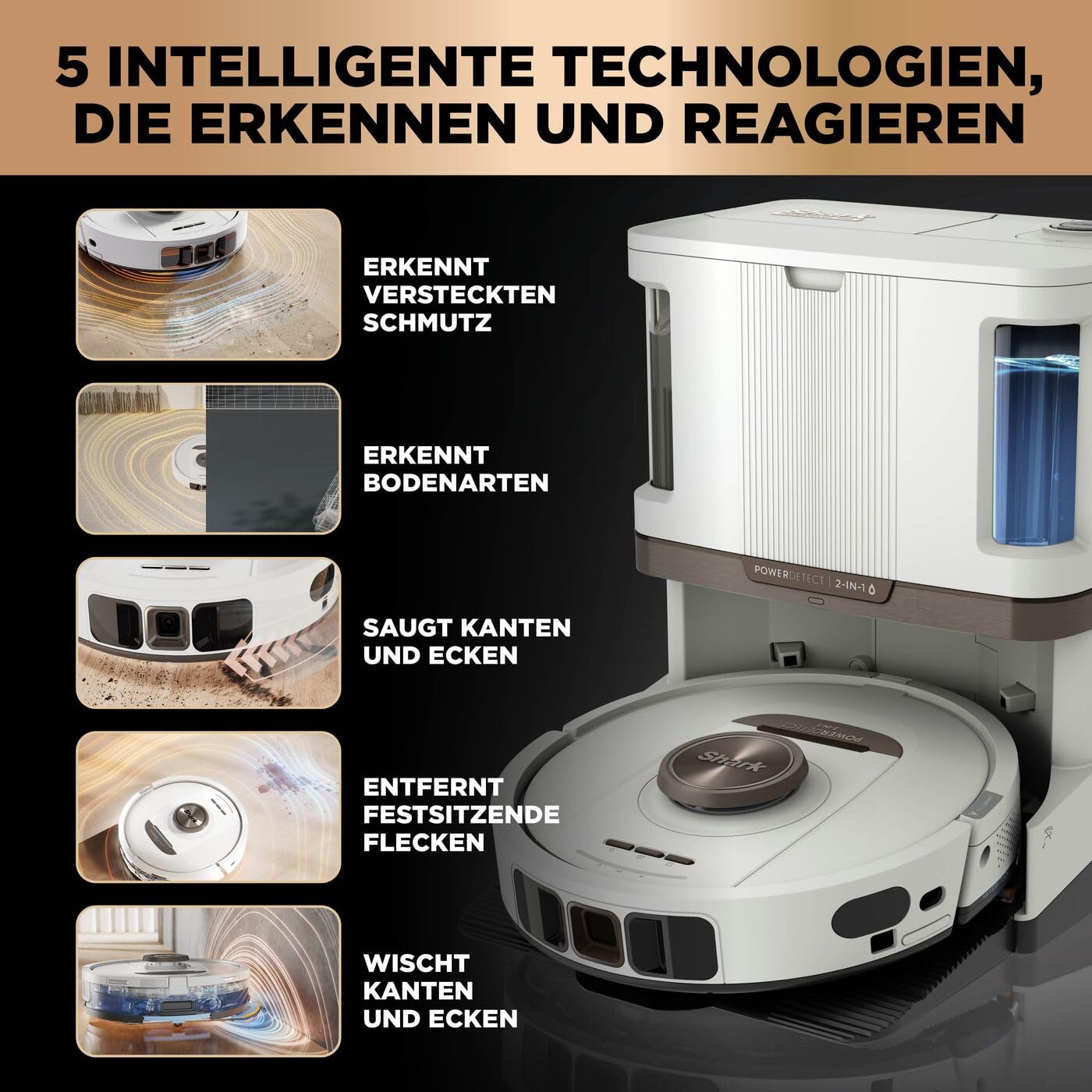 Shark PowerDetect 2-in-1 Saugroboter & Wischroboter, NeverTouch Pro 60-Tage-Selbstentleerung, selbständiges Nachfüllen & Reinigen, 3D-/ LiDAR-Navigation, NeverStuck, App-Steuerung, Weiß RV2800ZEEUWH 6