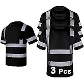 FONIRRA 3 Pcs Hi Vis Safety T Shirt for Men Class 1 ANSI Reflective High Visibility Short Sleeves Construction Work Shirt Black