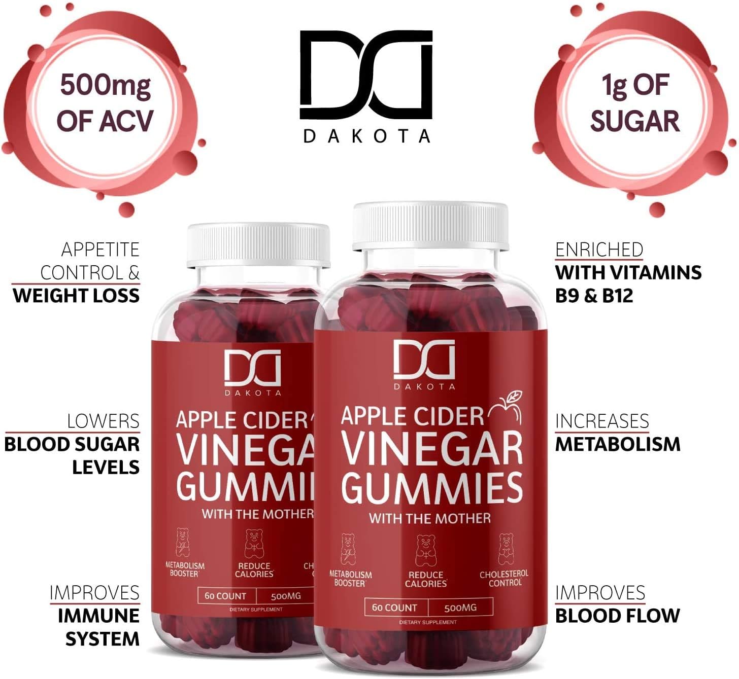 Apple Cider Vinegar Gummies with The Mother for Immune System Vitamin B12, B9, Pomegranate - Gummy Alternative to Apple Cider Vinegar Capsules, Pills, ACV Tablets - 120 Gummy Bears (2 Pack): Health & Personal Care