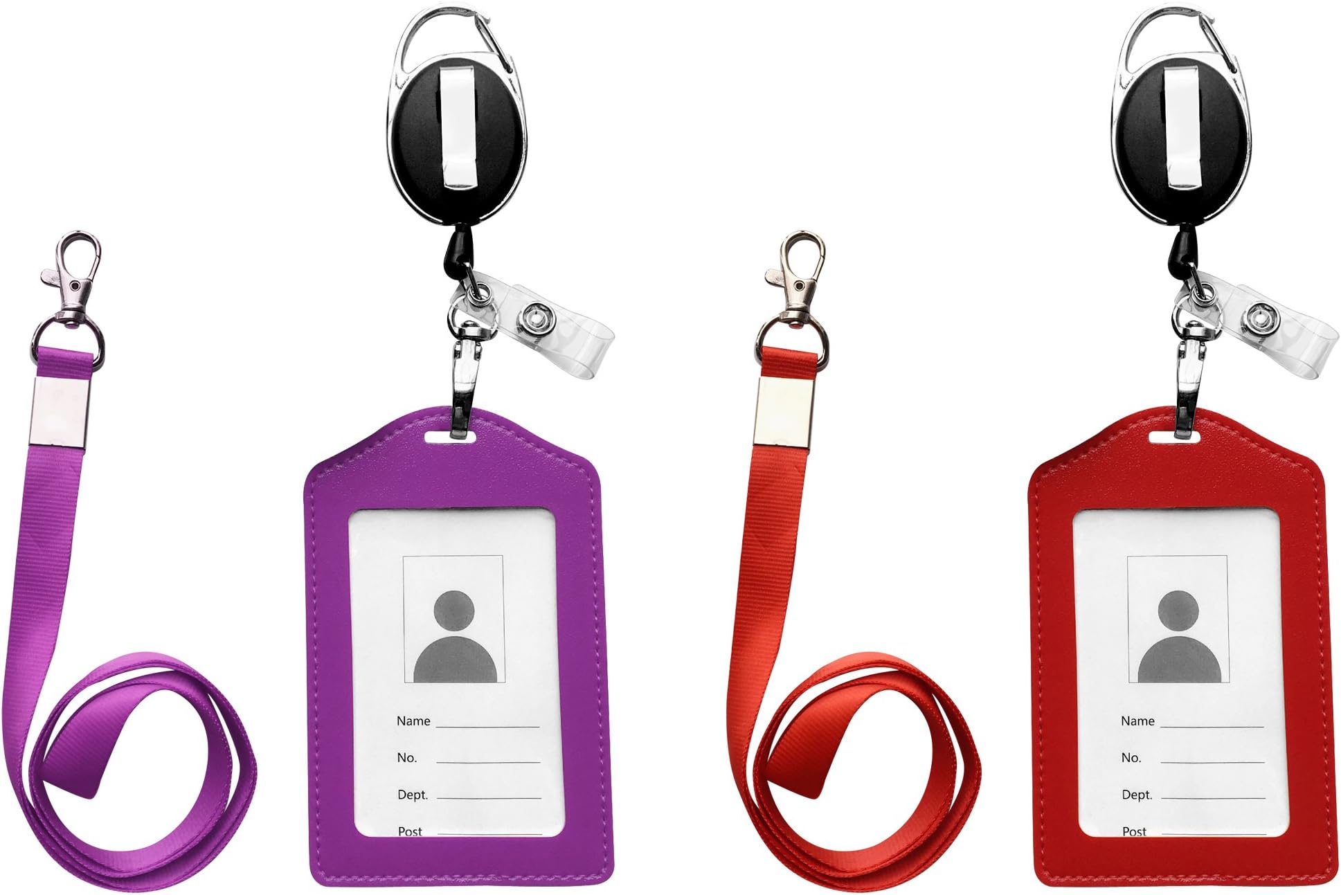ID Card Case + Heavy Duty Lanyard + Badge Holder Retractable Reel Carabiner and Plastic Clip (Red + Purple)