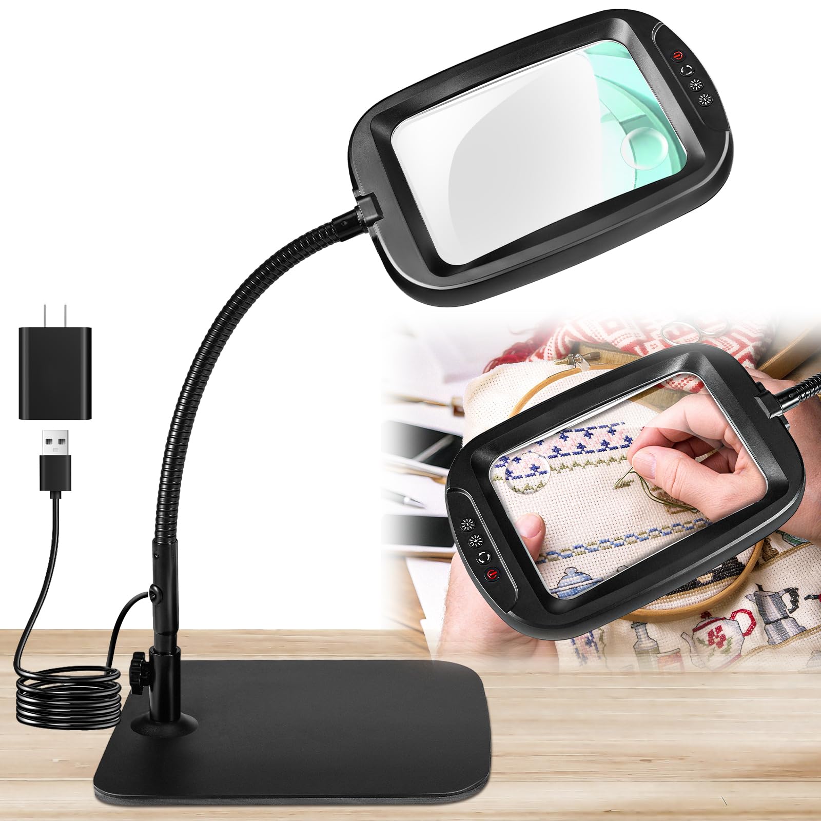 Photo 1 of 10X 30X Extra Large Magnifying Glass with Light and Stand, 5 Color Modes Magnifying Lamp Adjustable Lighting Level, Flexible Gooseneck Hands Free Reading Magnifier for Books Crafts Painting Close Work
