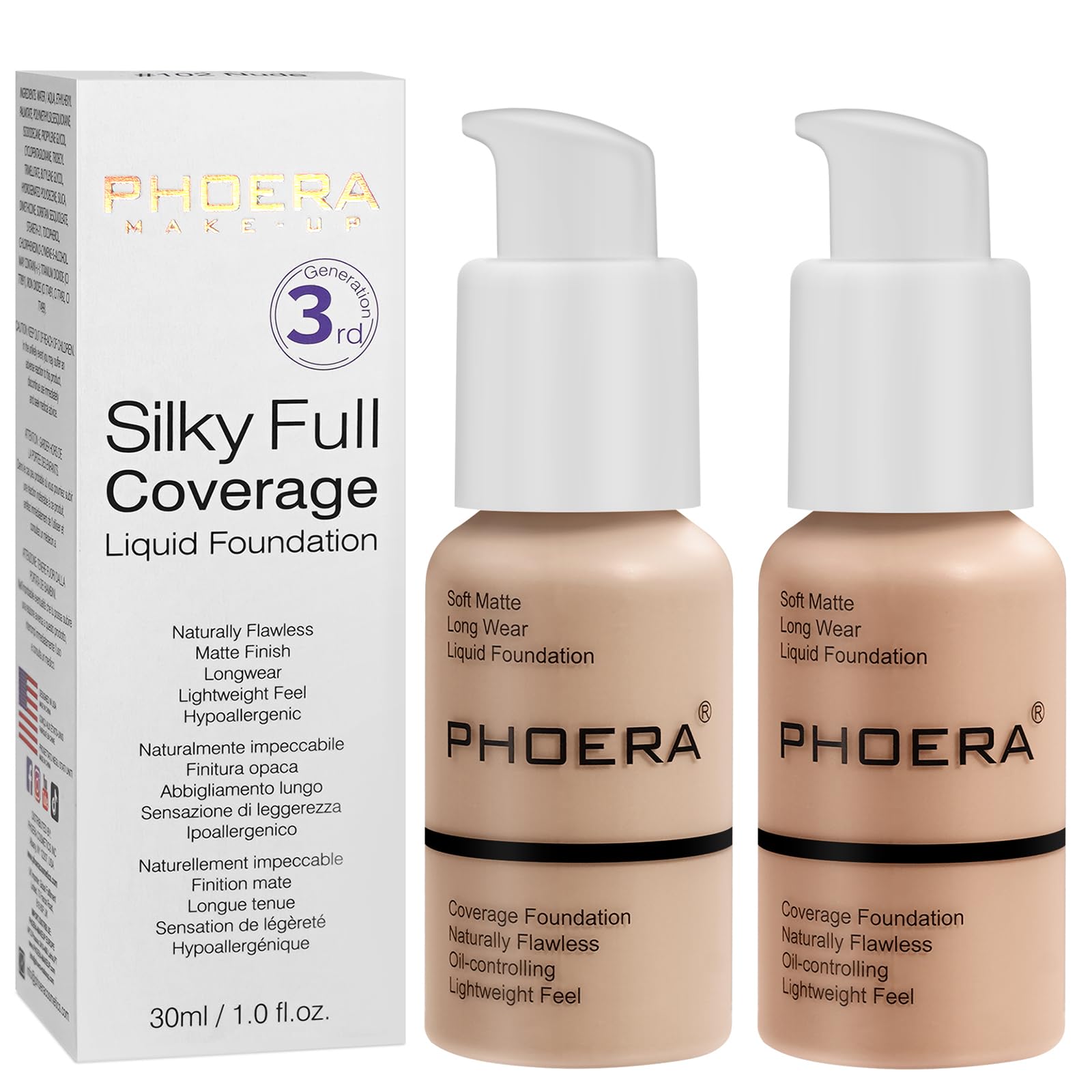 PHOERA Matte Liquid Foundation & Full Coverage Concealer, 30ml 24HR Matte Oil Control (Nude + Warm Peach)