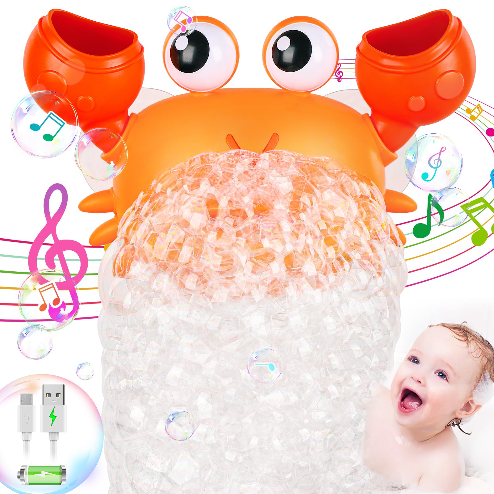 【2024 Upgrade】Crab Bubble Bath Toys, USB Rechargeable Baby Bath Bubble ...