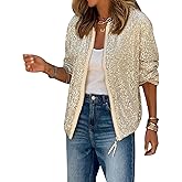 MINTLIMIT Women's Sequin Jackets Long Sleeve Crew Neck Zip Glitter Blazer Cocktail Party Club Sparkly Bomber Jacket