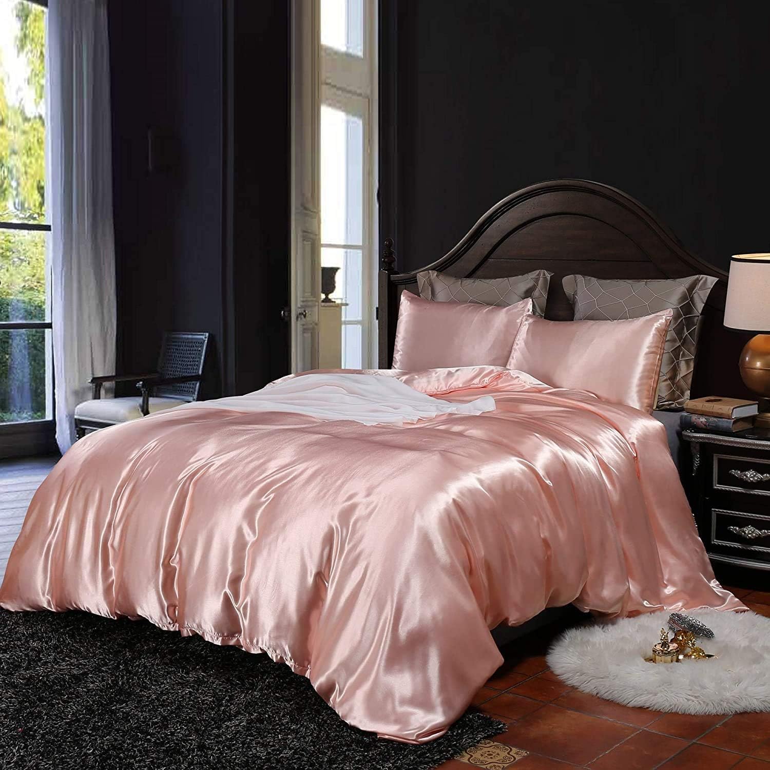 Homewish Hotel Quality Pink Duvet Cover Set Single Size Silk Like Satin Bedding Sets Summer Reversible Quilt/Comforter Cover Honeymoon Sexy Luxury Soft Microfiber Bedding Collection