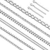 LOLIAS Silver Chain Necklace for Men Women - 6Pcs Stainless Steel Cuban Link/Rope/Box/Figaro/Herringbone/Wheat Chain Layered Stacked Necklace Set 16/18/20/22/24 Inches