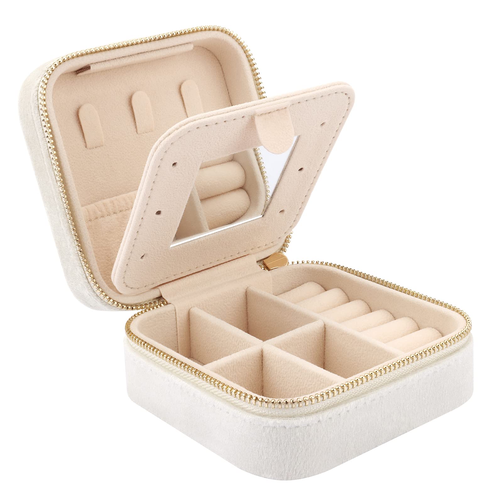 Mini Velvet Travel Jewelry Case with Mirror, Travel Jewellery Box Organiser, Small Jewelry Organiser Storage for Rings Earrings Necklace Bracelets, White