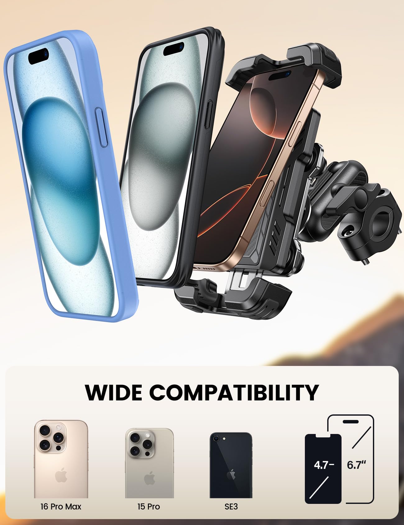 Lamicall Motorcycle Phone Mount Holder - [Metal Extension Arm] [Dual Vibration Dampener] Motorcycle Cell Phone Mount, Bike Bicycle Handlebar Phone Clamp, for iPhone 16/15/ 14 Pro Max, 4.7-6.7