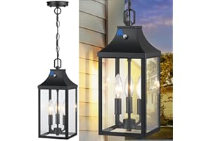 MYHXQ 15'' Large Outdoor Pendant Light Fixtures 3-Light, Dusk to Dawn Exterior Hanging Lantern Porch Light Adjustable, Black Hanging Lamp Farmhouse Exterior Chandelier Ceiling Mount for Patio, 1Pack