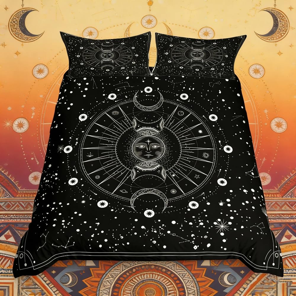 Loussiesd Mandala Duvet Cover Sun and Moon Bedding & Linen Boho Exotic Style Black and White Bedding Set For Kids Adults Galaxy Astrology Bedding & Linen Ultra Soft Chic Super King Zipper — image 1