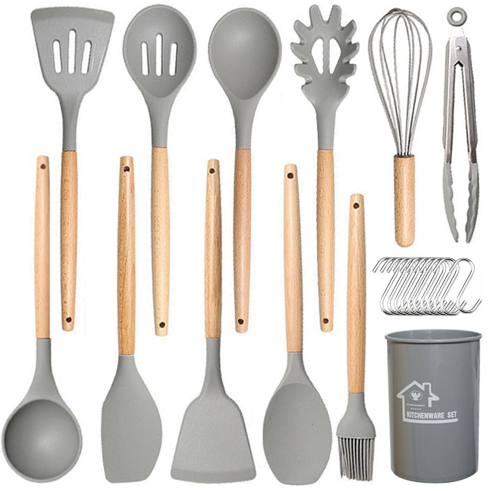 UXIYI Silicone Kitchen Utensils Set, 13Pcs Cooking Utensils Set, Silicone Utensils Set, Kitchen Accessories for Nonstick Utensil Set, Kitchen Tools & Gadgets,Light Grey