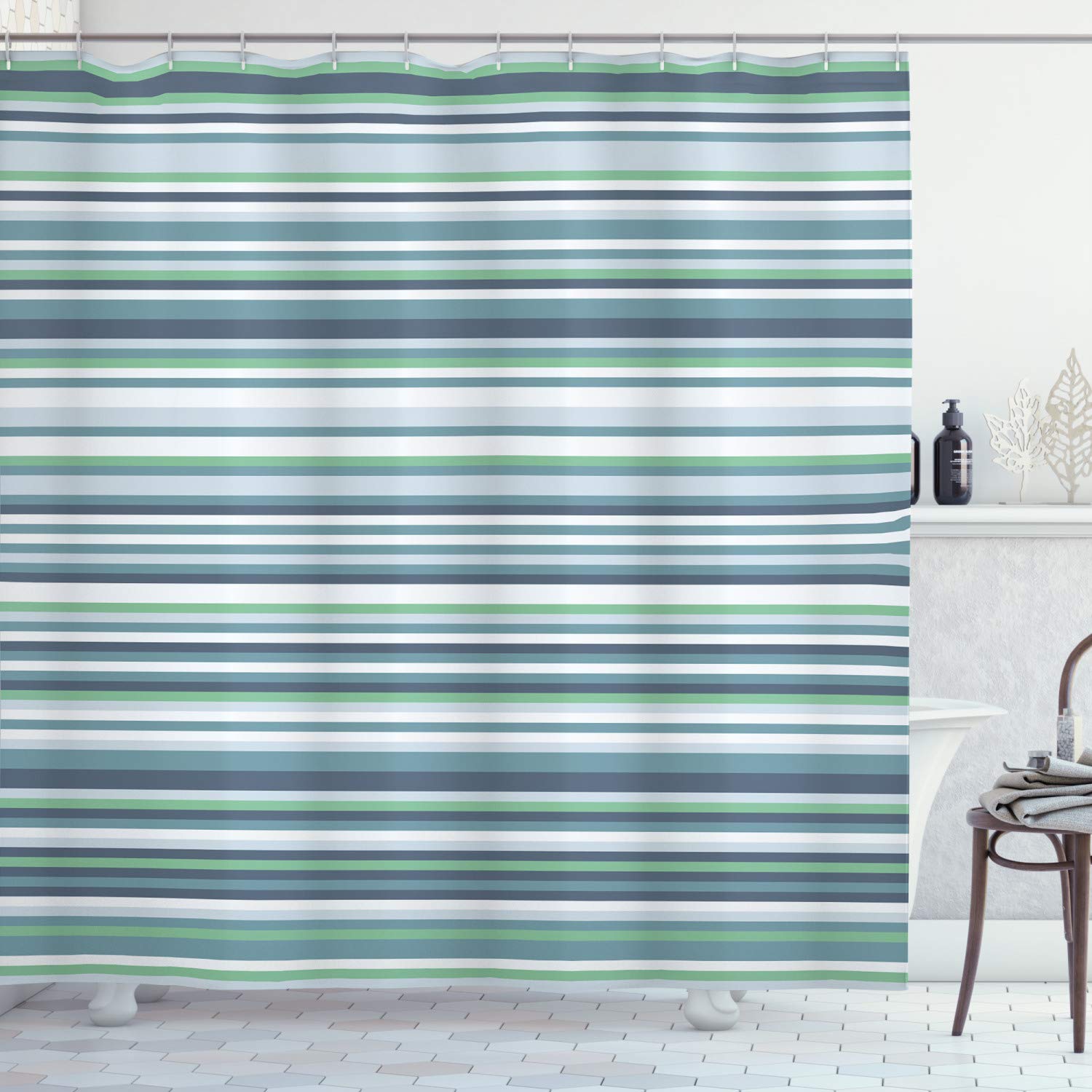 ABAKUHAUS Striped Shower Curtain, Abstract Narrow Bands Group of Long Same Bars Vintage Geometric Artwork Image Print, Cloth Fabric Bathroom Decor Set with Hooks, 70 Inches, Teal Blue