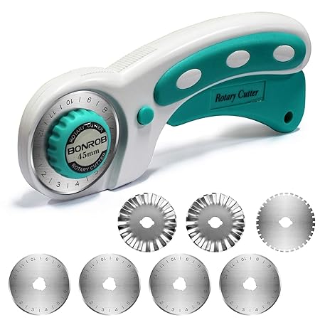 BONROB Rollschneider Set, Stoffschneider mit Schutzmechanismus und 6 Ersatzklingen das scharfe Rundklingen Rollmesser schneid