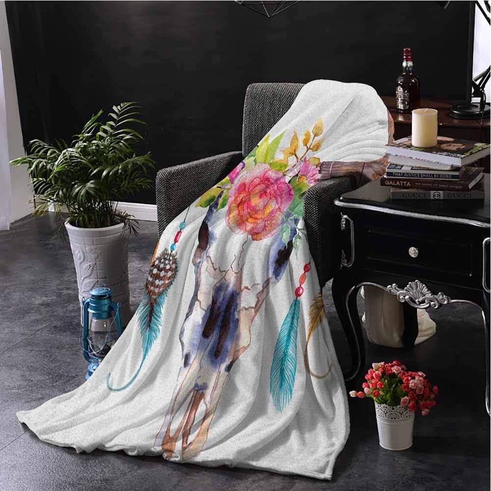 Luoiaax Feather Children's Blanket Native American Symbol in Watercolor Style Bull Skull with Ornaments Vibrant Image Lightweight Soft Warm and Comfortable W70 x L84 Inch Multicolor