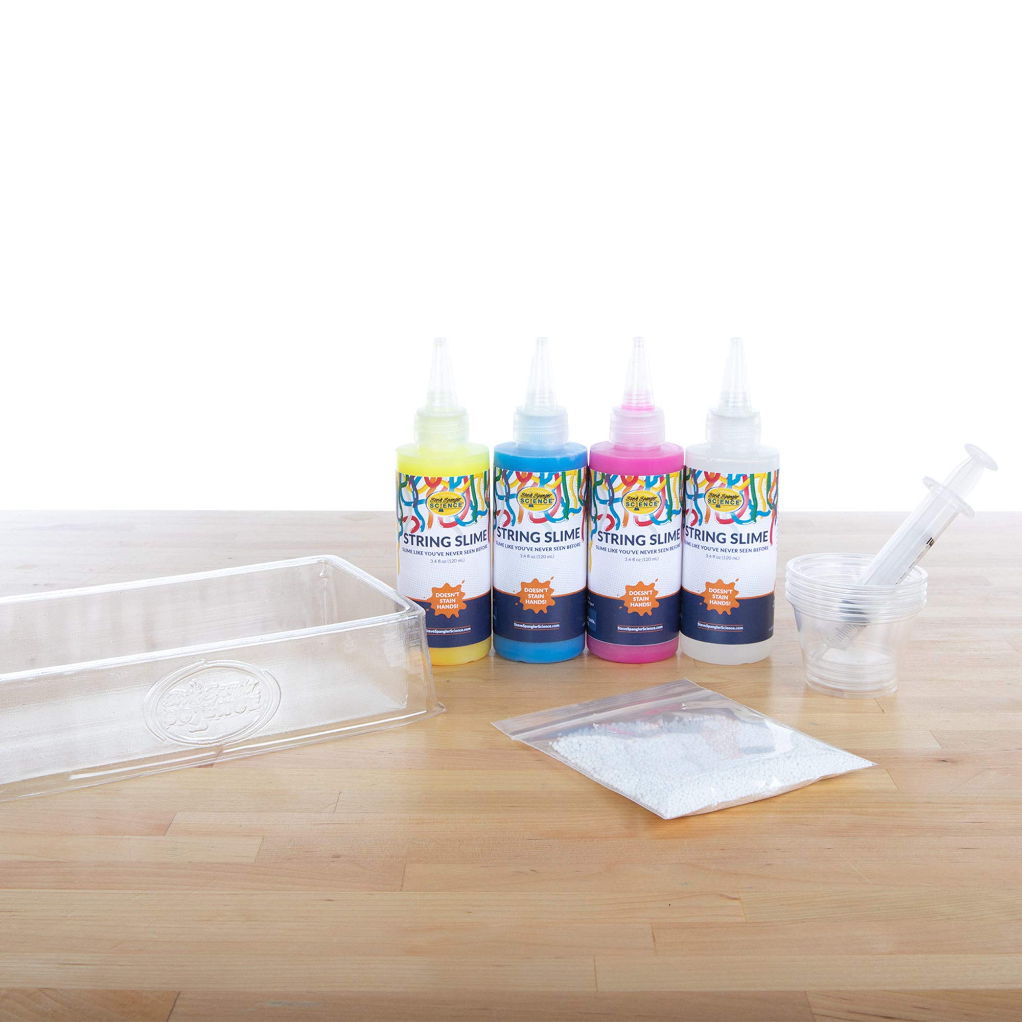Steve Spangler Science String Slime Deluxe Kit, Includes Pink, Blue, Yellow & Clear (3.4 oz. Each) – DIY Slime Science Experiment Kit for Kids, Learn/Teach Science of Polymers, Exciting STEM Activity