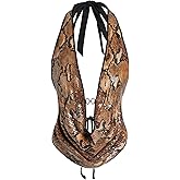 Verdusa Women's Cheetah Print Sequin Top Y2K Tie Back Corset Halter Going Out Crop Tops