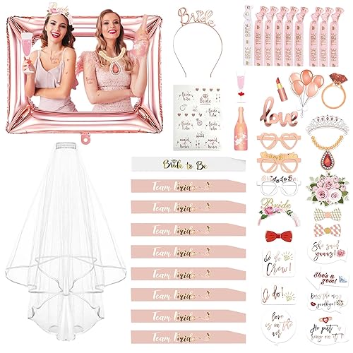 Amycute Hen Party Accessories, Hen Do Accessories with Bride to Be Sash, Team Bride Sash, Bridal Veil, Bride Headband, Photo Booth Props for Bachelorette Bridal Shower Hen Night Wedding (45 Pcs)