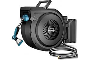 PolarcoForgeco Retractable Garden Hose Reel - 5/8 inch x 90 ft Wall Mounted Hose Reel with 10 Pattern Nozzle & Any Length Lock, Heavy Duty Water Hose Supports Automatic Rewind & 180° Swivel, Black