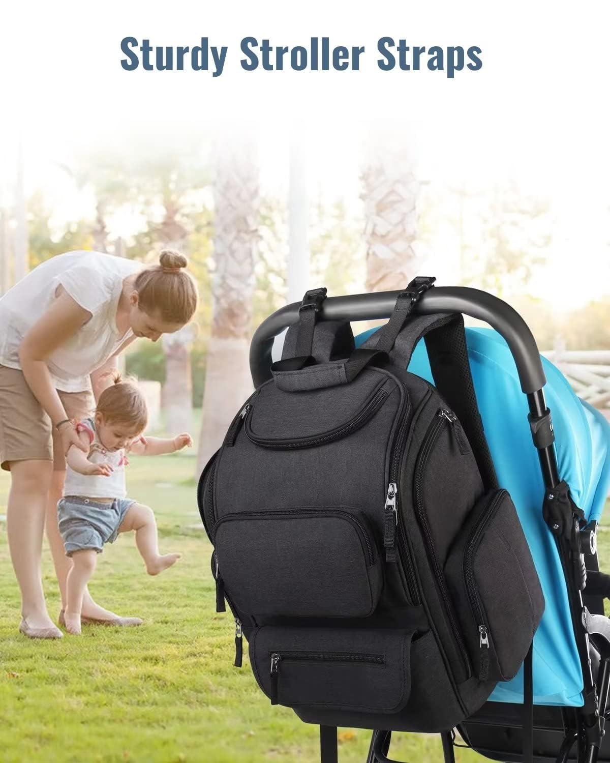 Mancro Diaper Bag Backpack, Multifunctional Dad Diaper Bag with 2 Side Insulated Pockets, Travel Water Resistant Baby Diaper Backpack for Men Women with Stroller Straps, Black