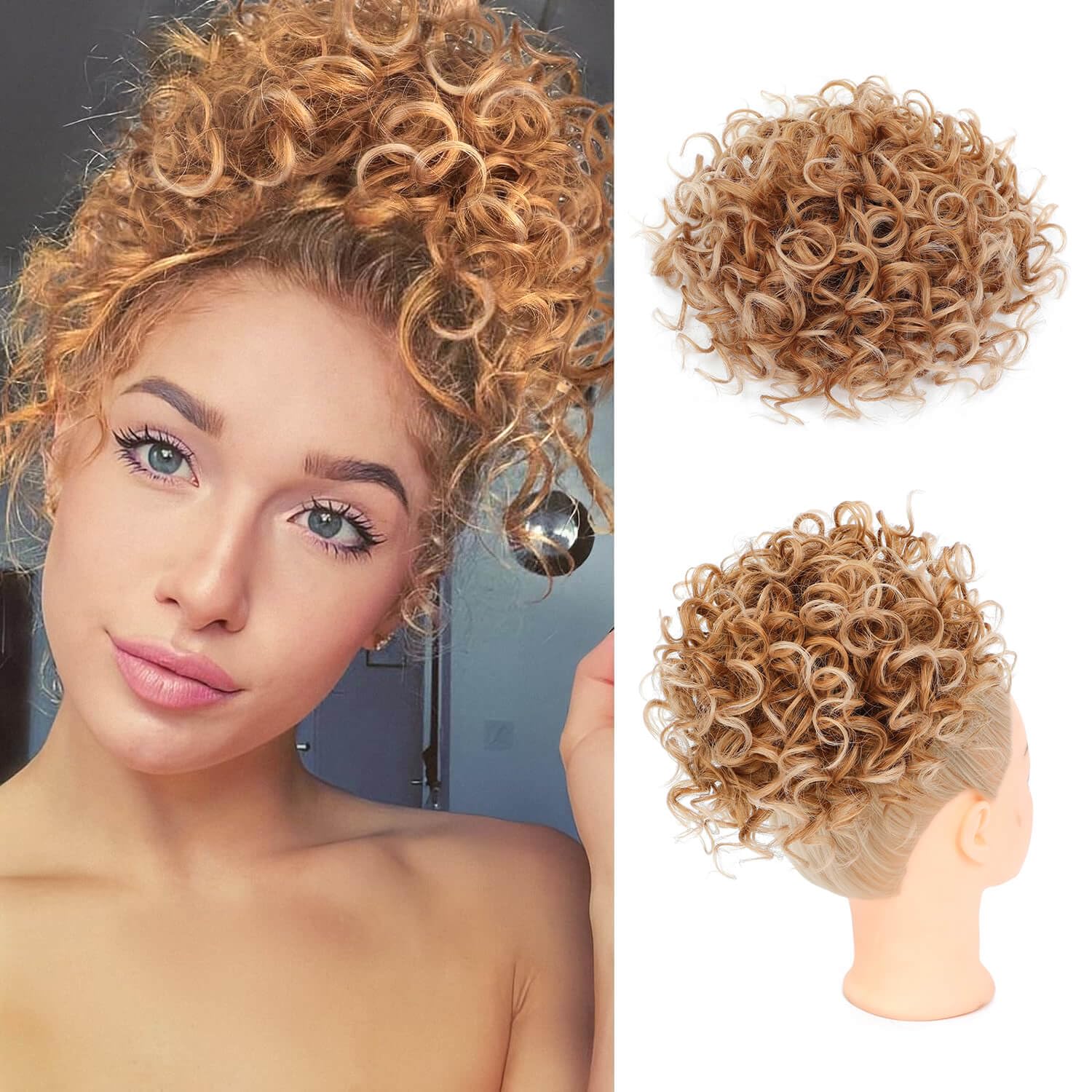 Flyroseing Ombre Ginger Strawberry Blonde Messy Bun Hair Piece, Short Curly Elastic Drawstring Synthetic Fake Curly Bun Hair Piece Clip for Women