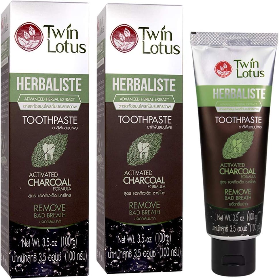 TWIN LOTUS (2 Pack) Charcoal Teeth Whitening Toothpaste | Activated Charcoal Powder & NO SLS | Eliminates Stains & Bad Breath | Coconut Charcoal Powder for Teeth Whitening | 100 g