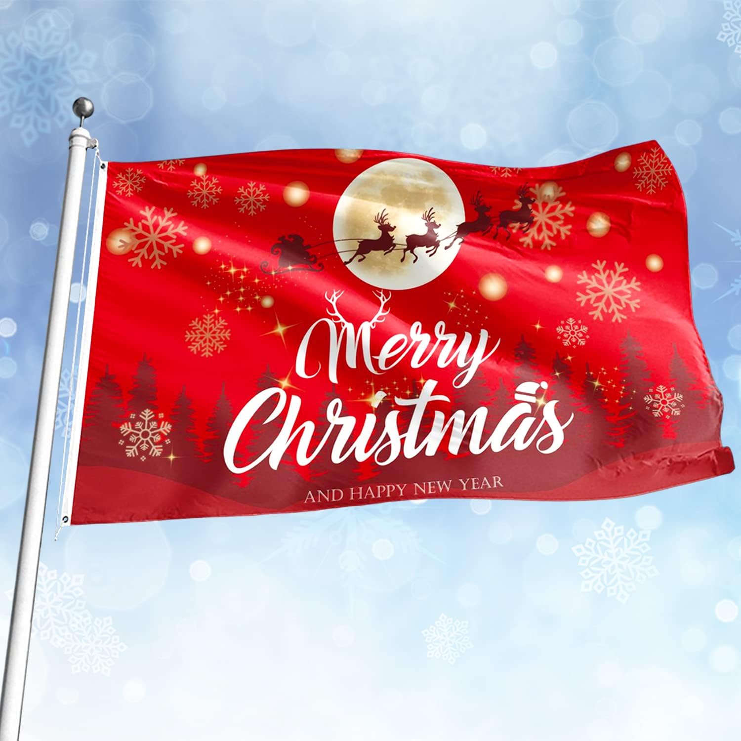 Merry Christmas Flag 5Ft x 3Ft with Eyelets 100% Polyester Vivid Red Color Christmas Flags for Party Camping Garden Outdoor Decorations
