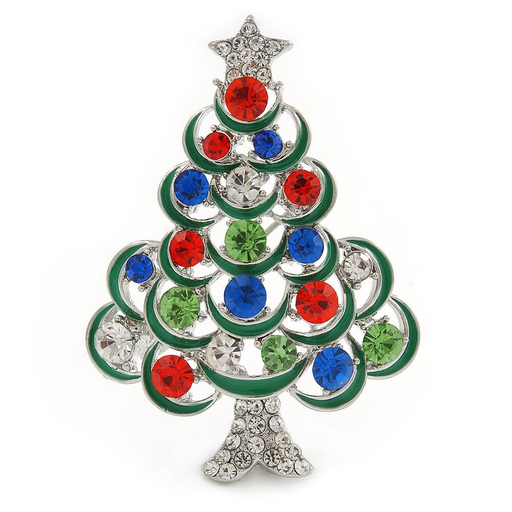 Holly Jolly Red, Green, Clear, Blue Austrian Crystals Christmas Tree Brooch In Silver Tone - 50mm L