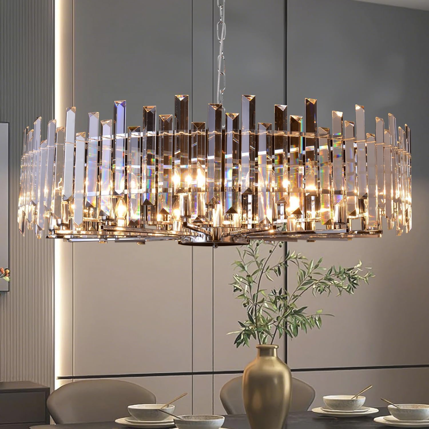 Photo 1 of **FOR PARTS ONLY/ HAS DAMAGES** Aheylity Crystal Chandelier Modern Chandeliers Lighting Pendant Ceiling Lights Fixtures for Dining Rooms Living Room Entryway Raindrop Round Hanging W39.37'' Chrome Frame