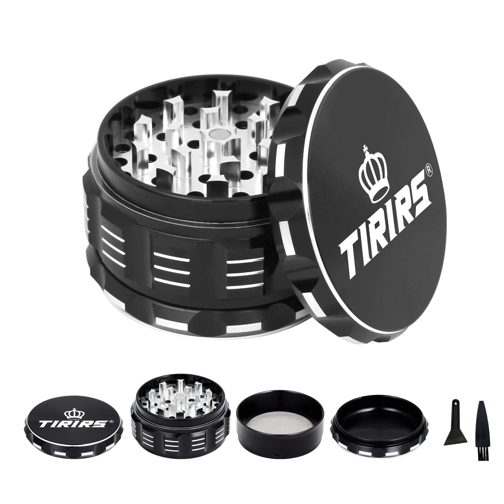 TIRIRS 3 Inches 4 Pieces Premium Herb Grinder - Aluminium Large Spice Grinder with Pollen Catcher, Comes with Pollen Scraper and Cleaning Brush, Black — image 1