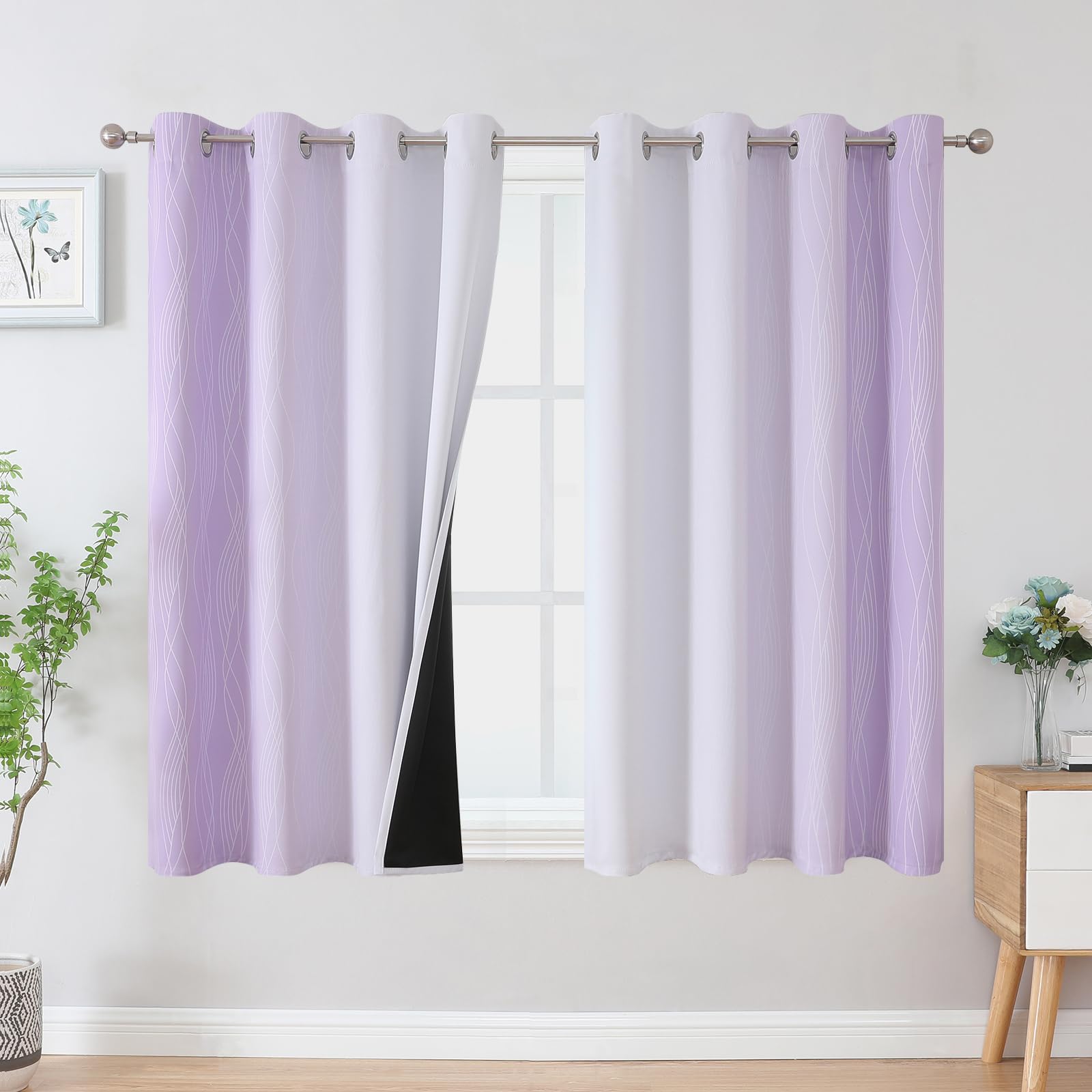 VEHEDE Blackout Wave Curtains for Living Room, Noise Reducing Eyelet Gradient Drapes for Bedroom, Ombre Energy Saving Short Curtains for Kitchen, W52 x L54 Inch, Lilac and Greyish White, 2 Panels
