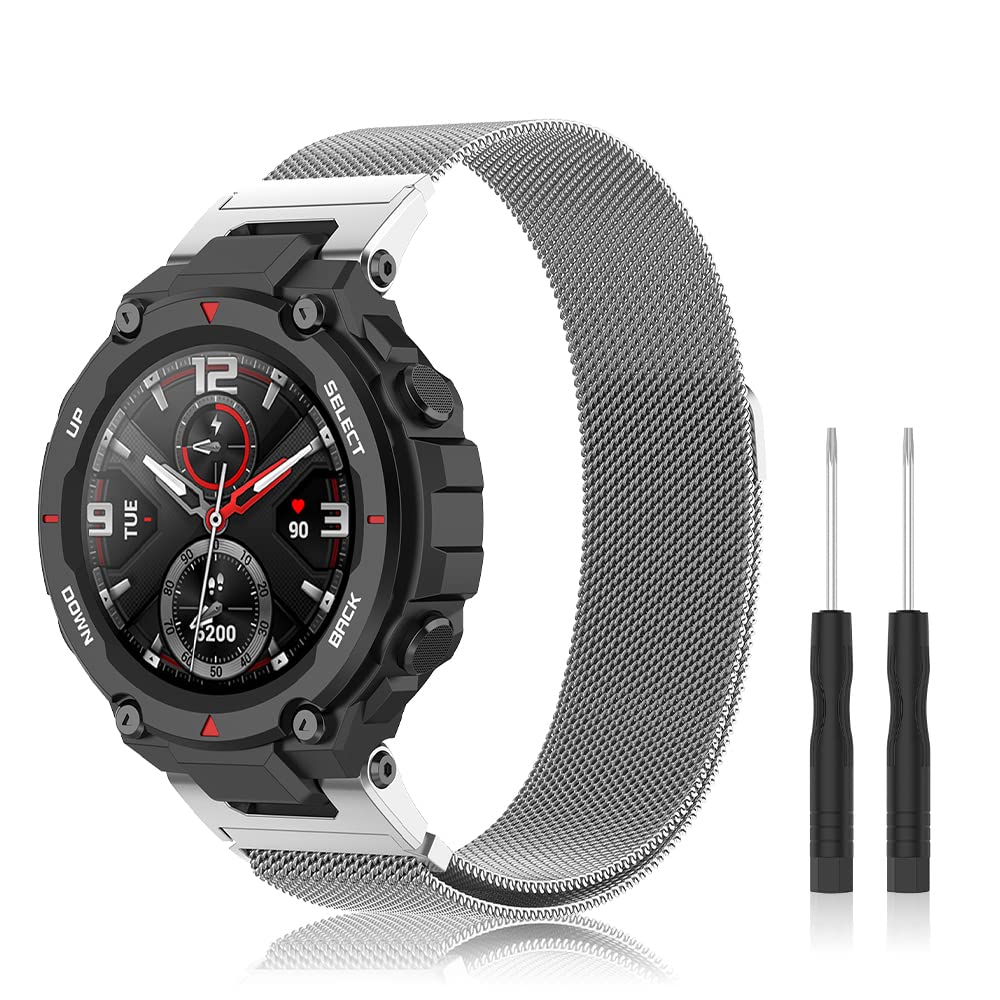 Niboow Strap Compatible with Amazfit T-Rex/T-Rex Pro, Men Women Magnet Stainless Steel Mesh Metal Breathable Watch Bands Compatible with Amazfit T-Rex/T-Rex Pro-Silver