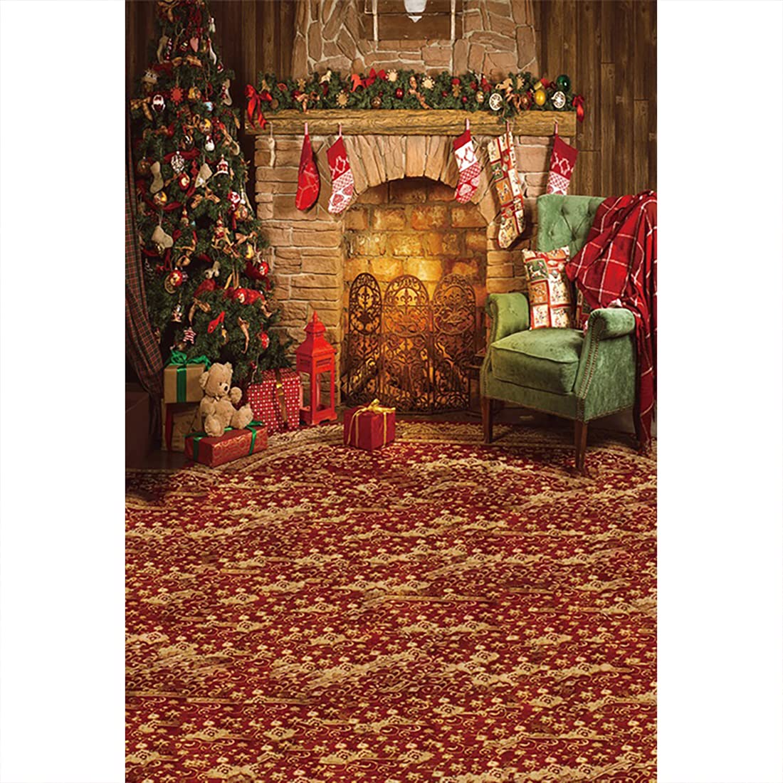 Aoihrraan 5x7ft Winter Christmas Fireplace Photography Backdrop Xmas Tree Gift Sofa Vintage Flower Pattern Carpet Background New Year Family Party Festival Celebrate Portrait Photo Studio Props