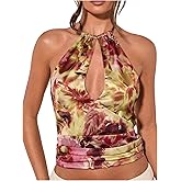 MakeMeChic Women's Floral Halter Tops Satin Silk Cut Out Tie Back Going Out Summer Crop Tops