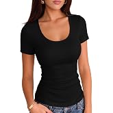 VICHYIE Summer Women's Scoop Neck Short Sleeve Shirts Ribbed Slim Fitted Casual Basic Top Blouses