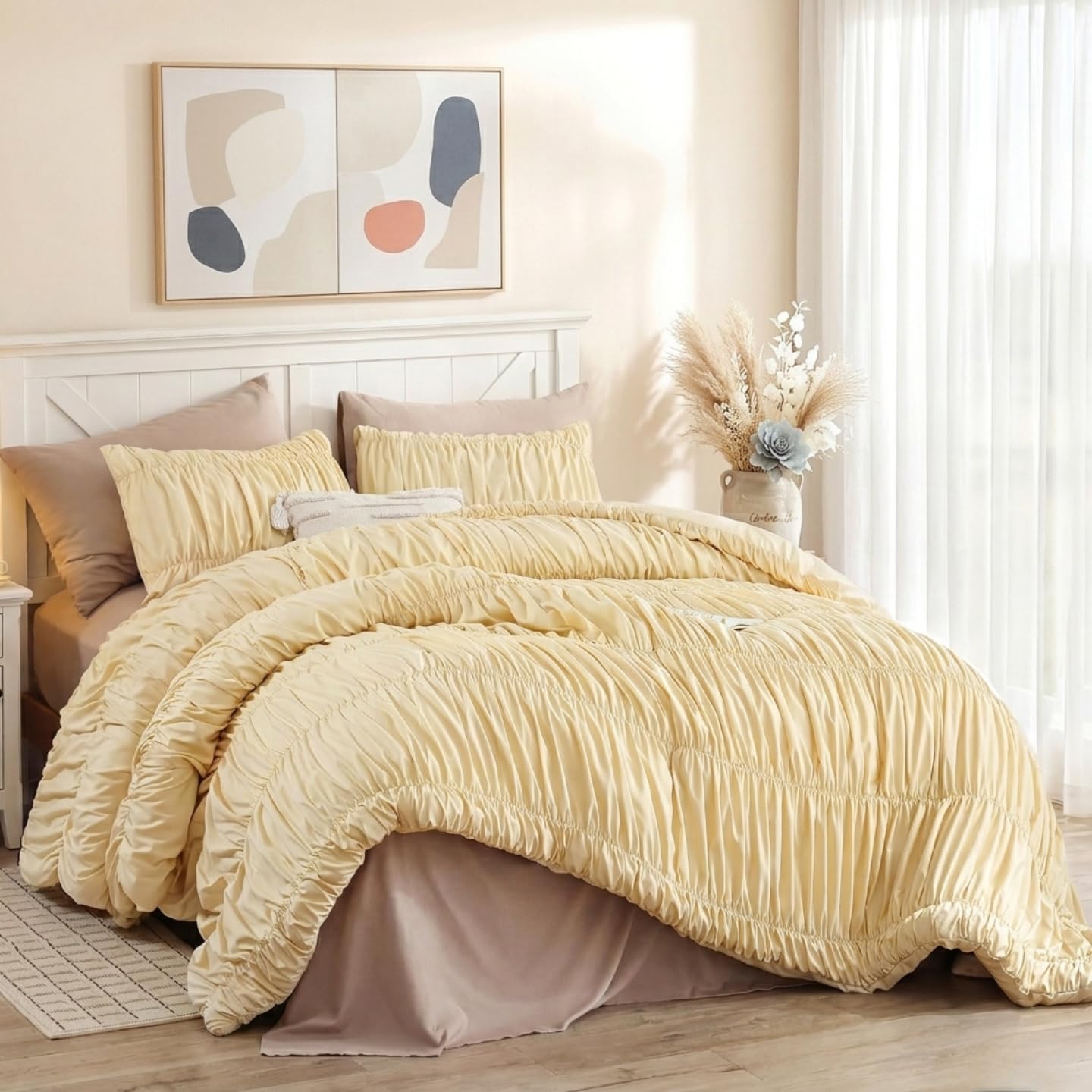 weigelia Cinched Comforter Set Full – Soft Girl Ruched Bedding Set, 3PCS Light Yellow All-Season Fluffy Lightweight Comforter with Pillowcases for Bedroom, Apartment & Dorm Decor Image