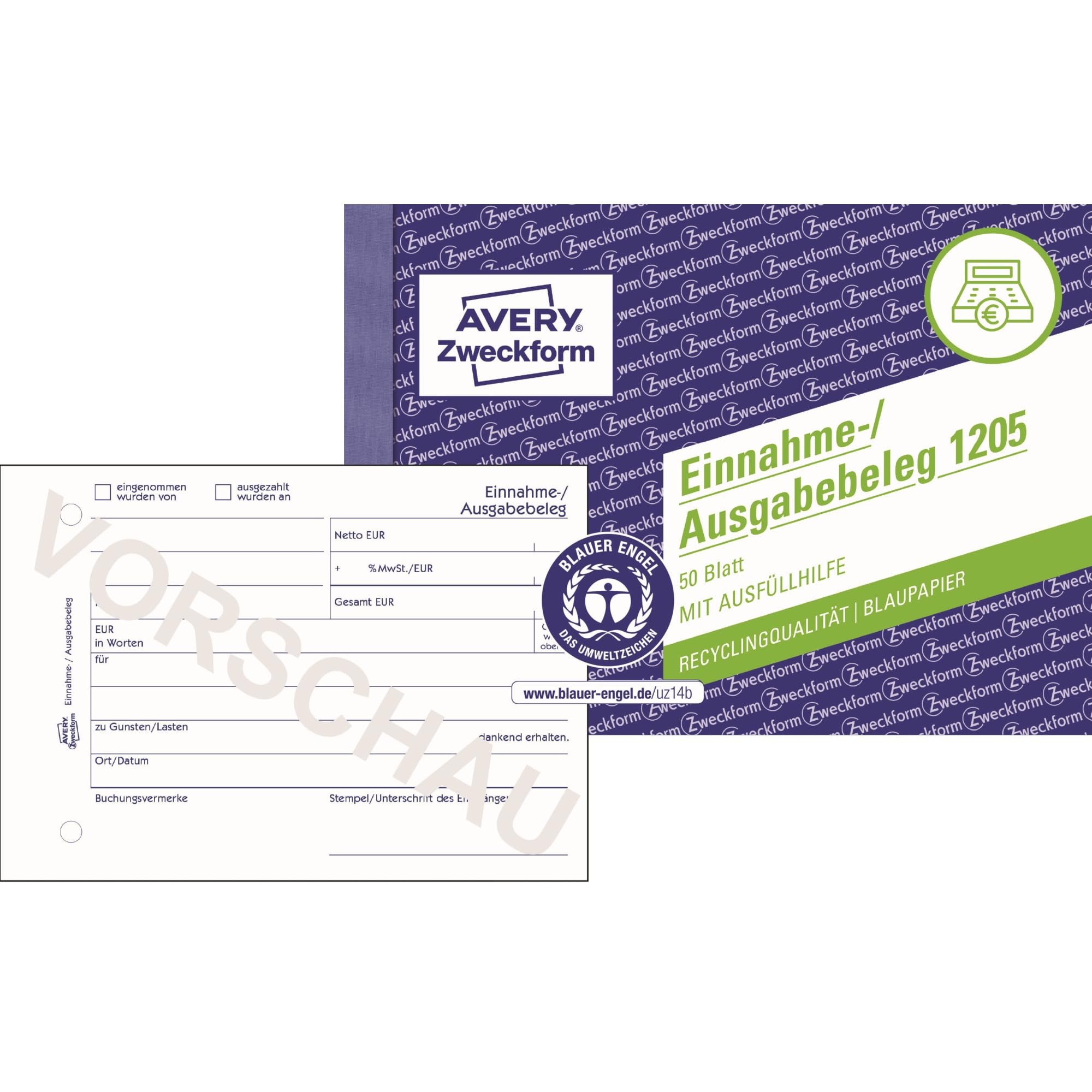 AVERY Zweckform 1205 Revenue/Expenditure Document (A6 Landscape, Recycled Paper with 1 Sheet of Blue Paper, Tested by Legal Experts for Germany, for Correct, 50 Sheets) White