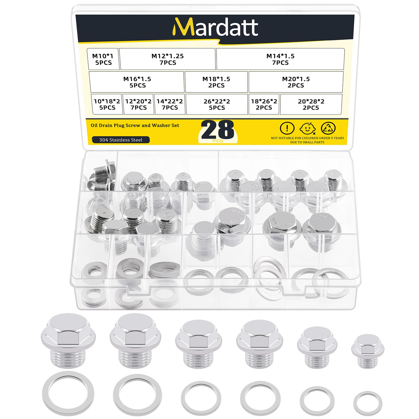 Photo 1 of Mardatt 28 Sets Oil Drain Plug Assortment Kit, M10 M12 M14 M16 M18 M20 Steel Oil Drain Plugs with Aluminum Washer Gasket, Engine Oil Drain Plug Replacement Compatible with Honda, Hyundai, Toyota, Ford