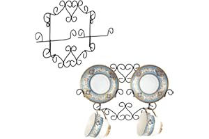 MyGift Set of 2 Wall Mounted Plate Display Rack for Tea Cup and Saucer with Vintage Black Metal Decorative Scrollwork Design