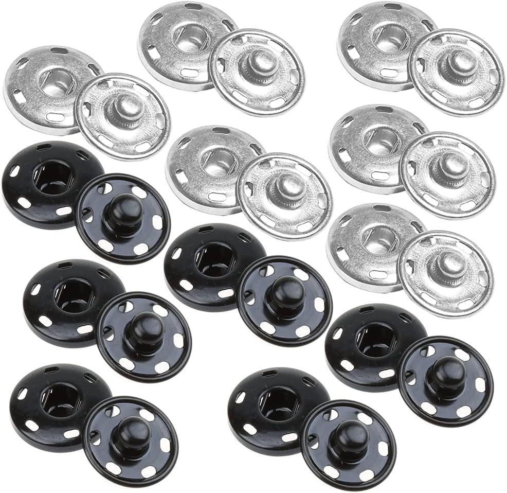 Sew on Snap Buttons 12 Sets Big Metal Snap Fastener Buttons Press Button for Sewing Clothing Silvery and Black (Large Size 0.98IN /25mm)