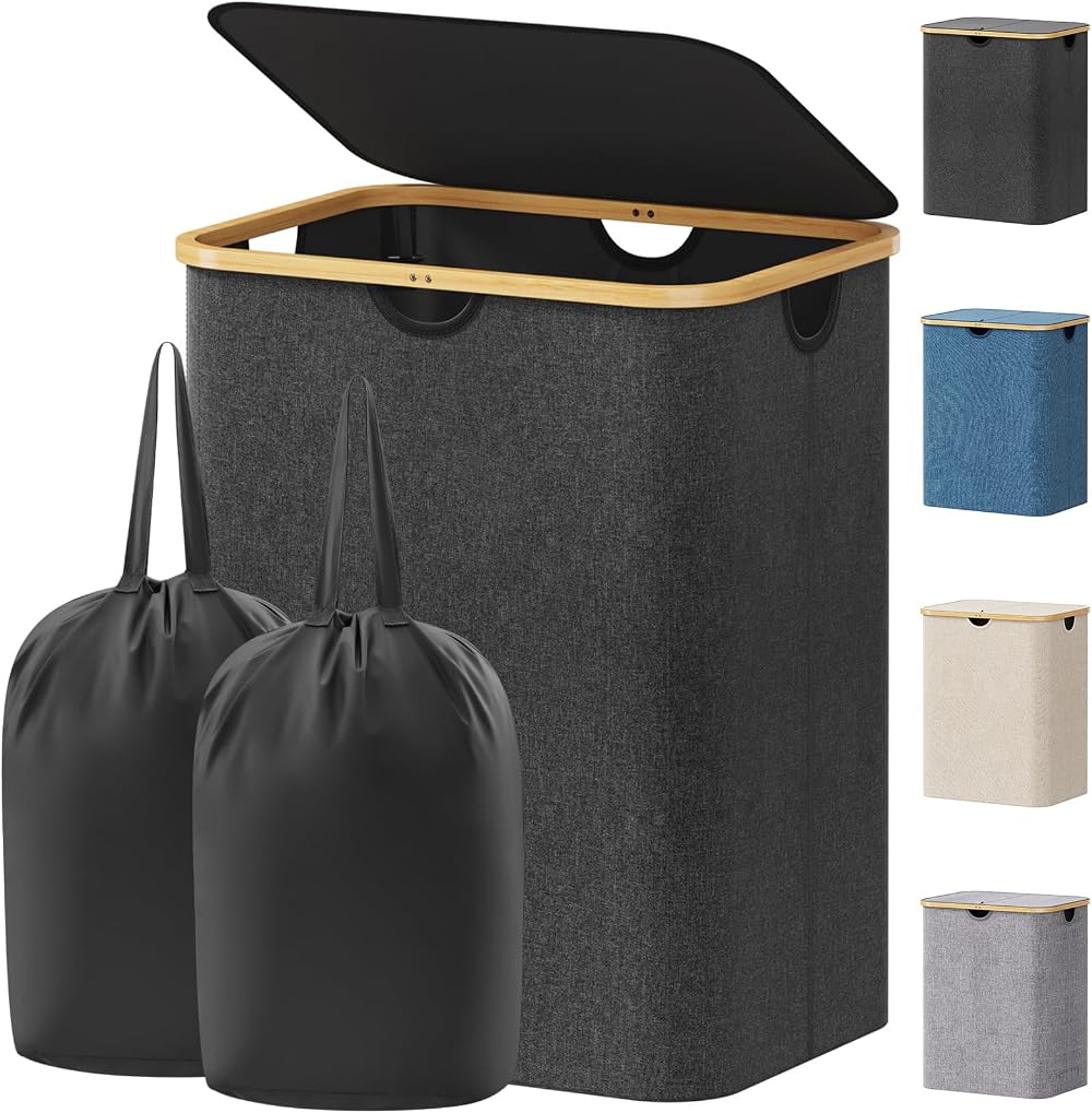 Lifewit 120L Laundry Basket with Lid Dark Grey Bamboo Handles 2 Removable Bags