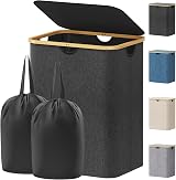 Lifewit 120L Laundry Basket with Lid Dark Grey Bamboo Handles 2 Removable Bags