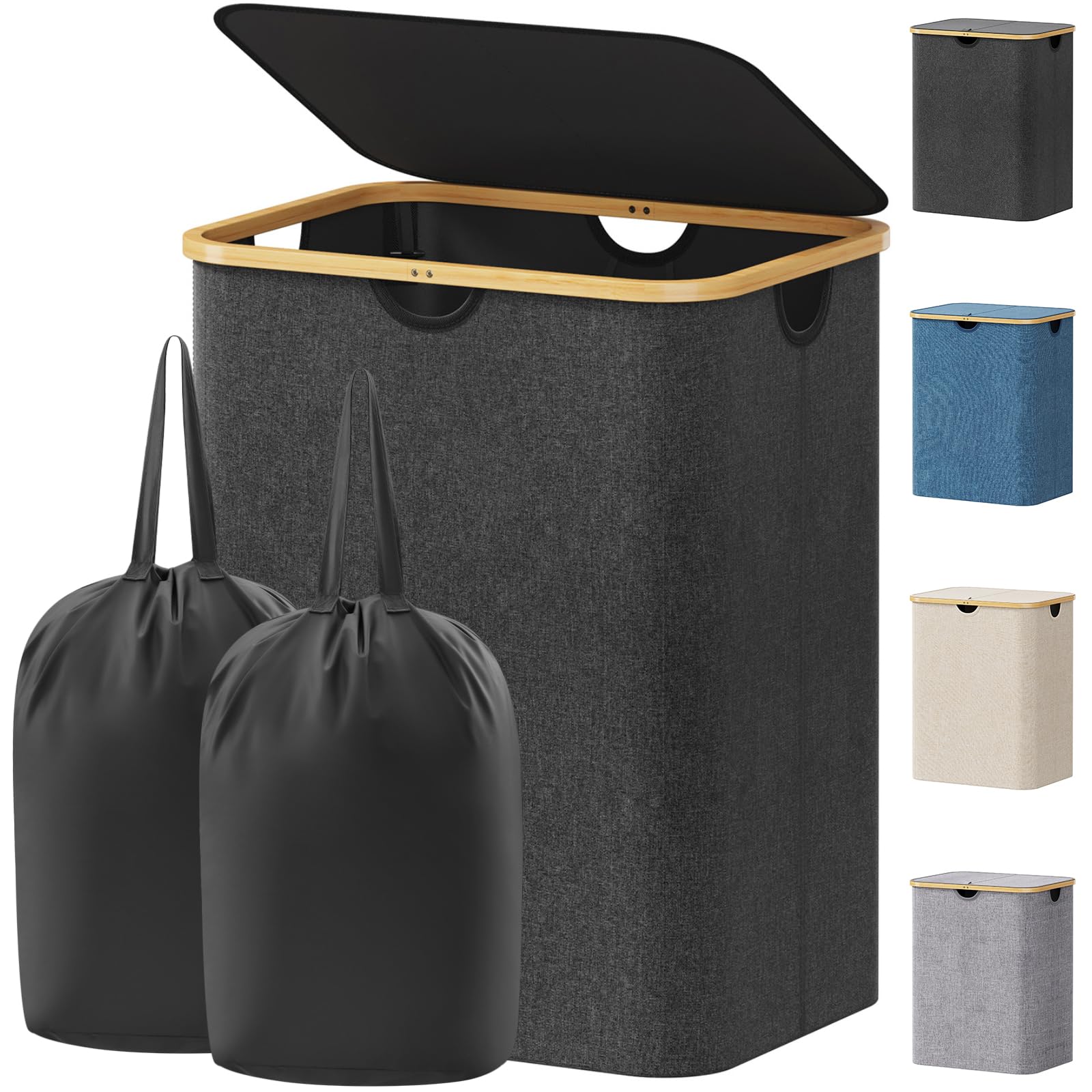 Lifewit 120L Laundry Basket with Lid, Double Dirty Clothes Bin with Bamboo Handles and 2 Removable Bags, Large Foldable Washing Basket for Bedroom, Bathroom, Dorm, Laundry Room, Dark Grey