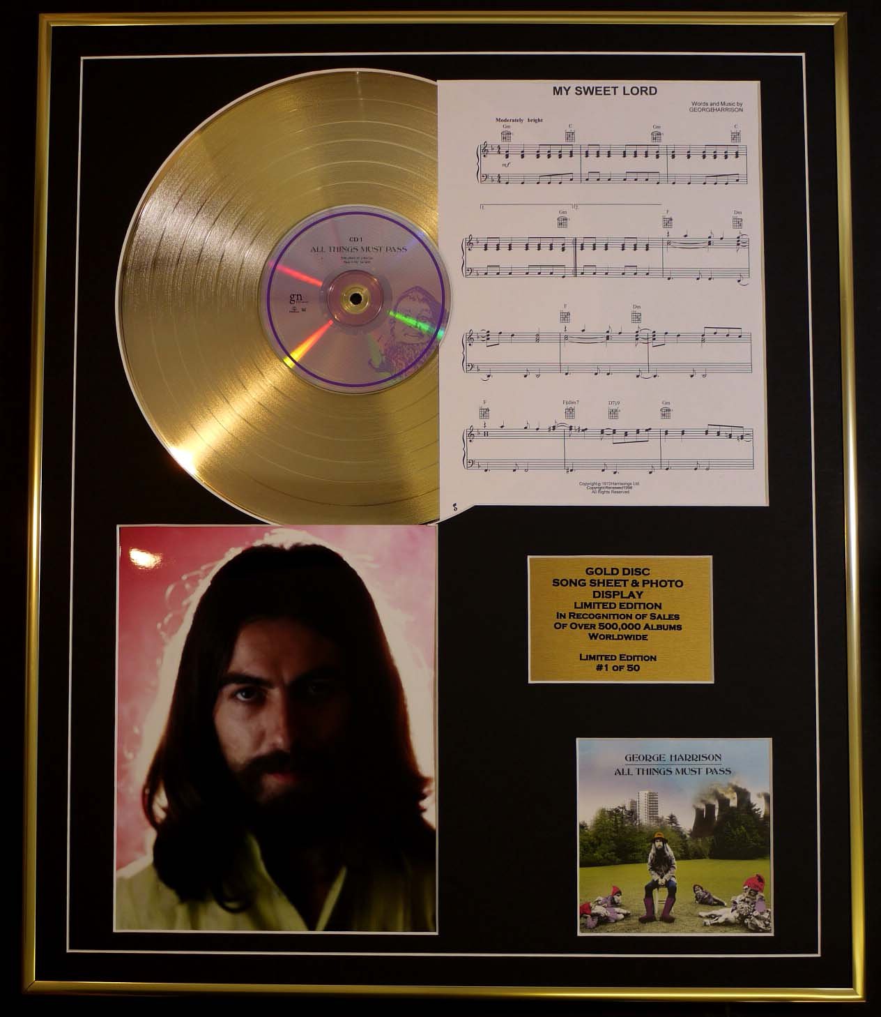 GEORGE HARRISON/CD GOLD DISC, SONG SHEET & PHOTO DISPLAY/LTD. EDITION/COA/ALBUM, ALL THINGS MUST PASS/SONG SHEET, MY SWEET LORD