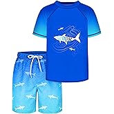 AuSletie Boys Two Piece Rash Guard Swimsuits Sets Kids Short Sleeve Swimsuits Bathing Suit with Swim Trunks Swimwear Set
