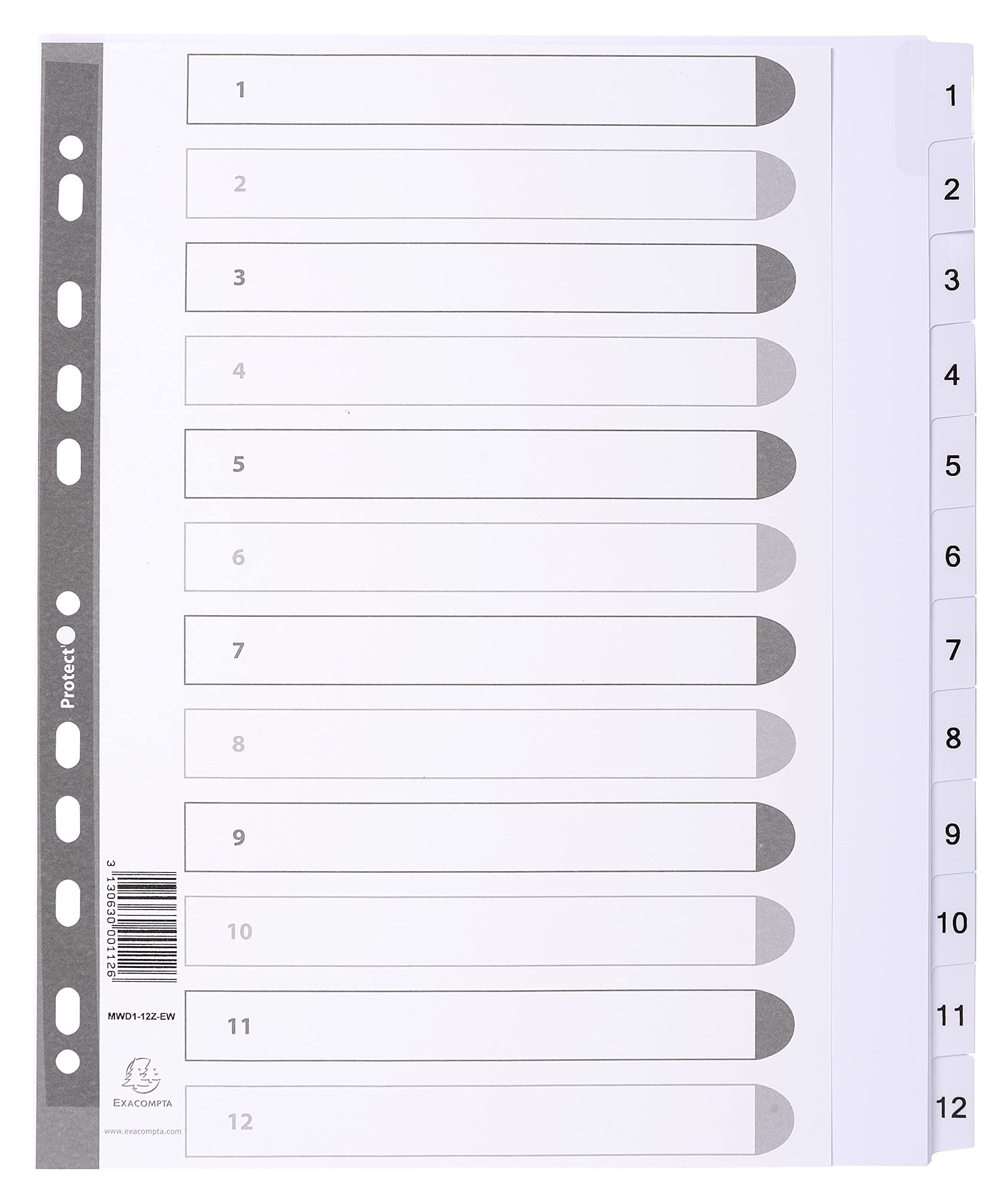 Exacompta - Ref MWD1-12Z-EW - Mylar Printed Indices - For Use With A4+ Documents, Pre-Punched, 160gsm White Card with Reinforced Plastic Tabs, FSC-Certified - 12-Part Dividers (1-12)
