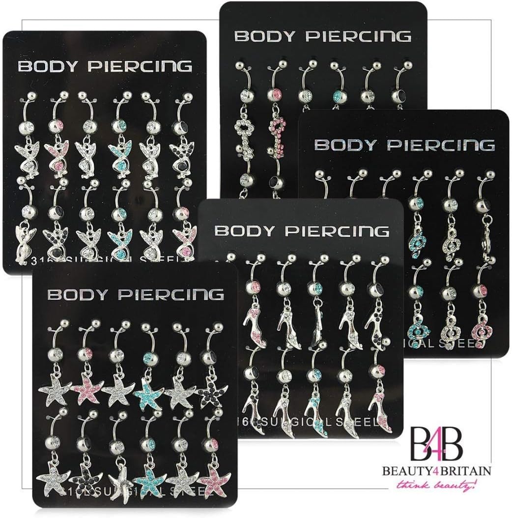 60 x BODY JEWELLERY PIERCING DANGLING BELLY & NAVEL BARS WITH ZIRCONS WHOLESALE FROM UK